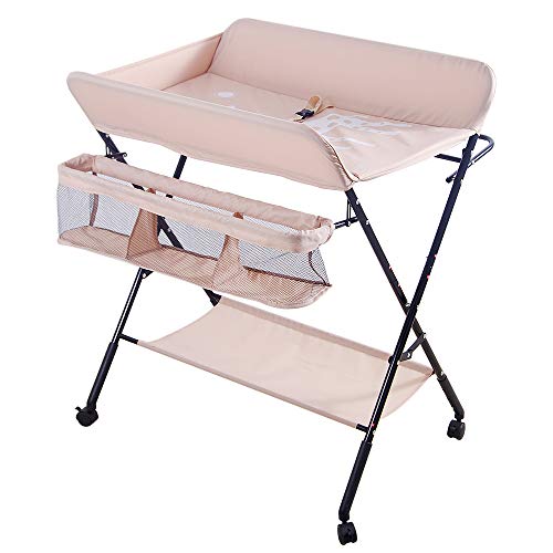 Cambiador Plegable para Niños, Cambiador bebe Plegable con cinturón de seguridad y compartimentos de almacenamiento y 4 ruedas con freno - 74 x 63 x 92-98 cm (rosa)