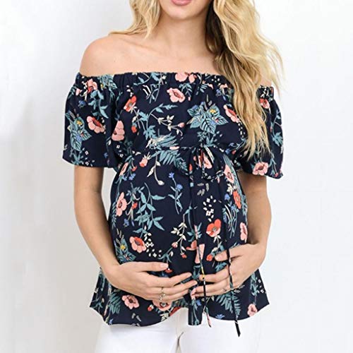 Camiseta de Las Mujeres Embarazadas Fotografia SHOBDW Tops De Manga Corta De Verano Amamantando A La Maternidad Fuera del Hombro Camisa Blusa Estampada Floral Talla Grande(Armada,XXL)