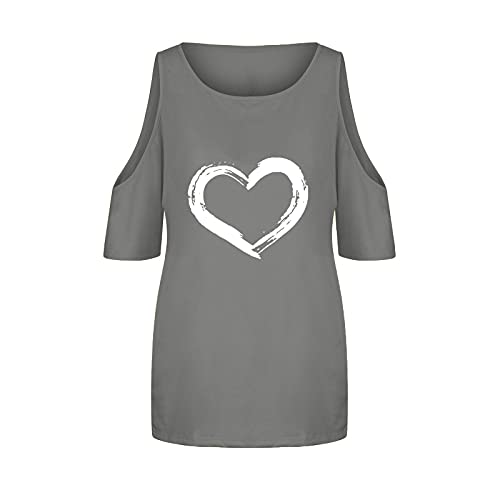 Camiseta de manga corta con hombros descubiertos, para mujer, con estampado de corazones, para verano, gris, XL