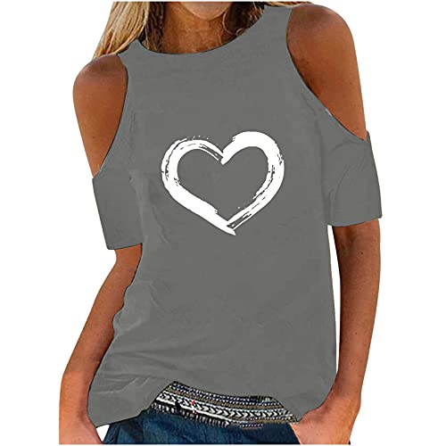 Camiseta de manga corta con hombros descubiertos, para mujer, con estampado de corazones, para verano, gris, XL