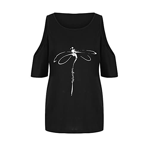 Camisetas de mujer de manga corta con hombros descubiertos, camisetas de verano básicas, camisetas de cuello redondo, camisa informal, Negro , XL