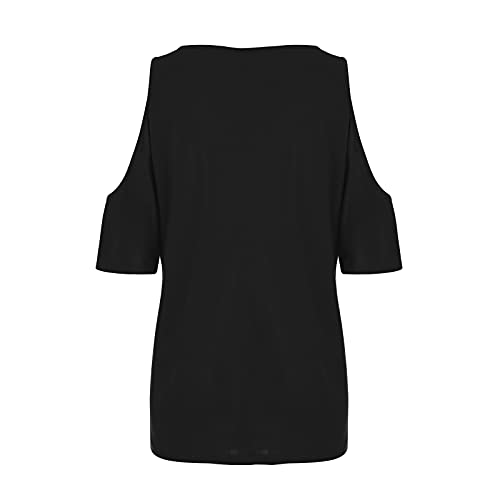 Camisetas de mujer de manga corta con hombros descubiertos, camisetas de verano básicas, camisetas de cuello redondo, camisa informal, Negro , XL