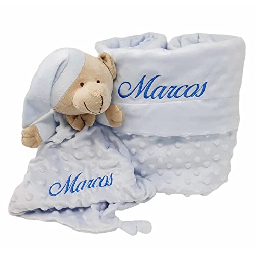 Canastilla para Bebé - Bubble Dou dou de Mababy - Manta Bebé y Dou dou con Textura Burbujas Personalizados con el Nombre del bebé - Cesta de Regalo para Recién Nacido.… (Azul Bordado Clasico)