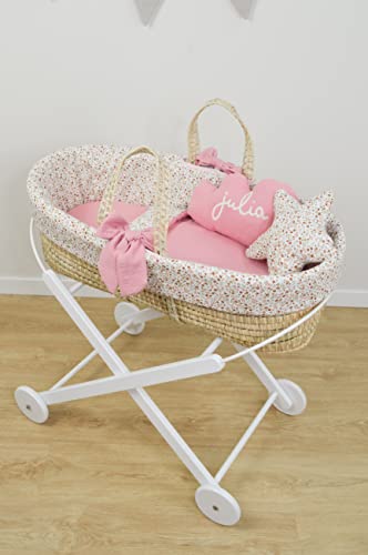 Capazo Mimbre bebé Personalizado – Moisés Palma recién Nacido – Cuco con Patas – Flores Liberty Rosa – Nenel