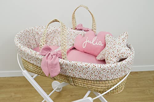 Capazo Mimbre bebé Personalizado – Moisés Palma recién Nacido – Cuco con Patas – Flores Liberty Rosa – Nenel