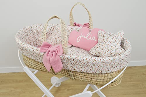 Capazo Mimbre bebé Personalizado – Moisés Palma recién Nacido – Cuco con Patas – Flores Liberty Rosa – Nenel