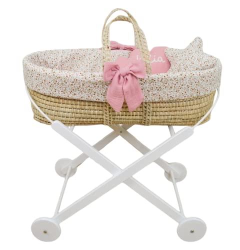 Capazo Mimbre bebé Personalizado – Moisés Palma recién Nacido – Cuco con Patas – Flores Liberty Rosa – Nenel