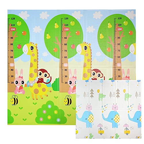 CCLIFE Alfombra de Juegos Reversible Colchoneta Infantil Plegable.Alfombra de Juegos de XPE, Colchoneta de Juegos Plegable, Alfombra de Doble Cara, Impermeable, No tóxico, Color:Elefante y jirafa