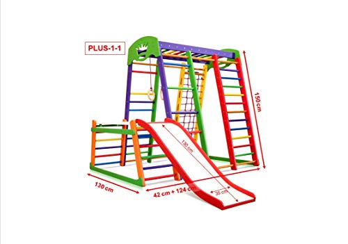 Centro de actividades con tobogán ˝Akvarelka-Plus-1-1˝, red de escalada, anillos, escalera sueco, campo de juego infantil, Juguetes - certificado, almacén de la UE