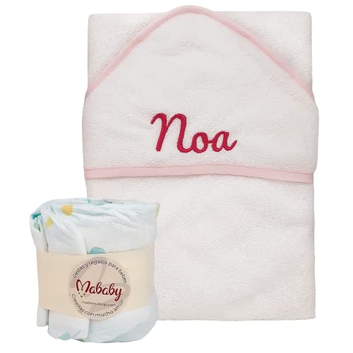 Cesta de Bebé Personalizada - Mi Capa de Mababy - Set de primera puesta para Recién Nacido, Capa de baño para Bebé personalizada y Muselina de lactancia - Regalos para Bebé. (Rosa Talla 0)