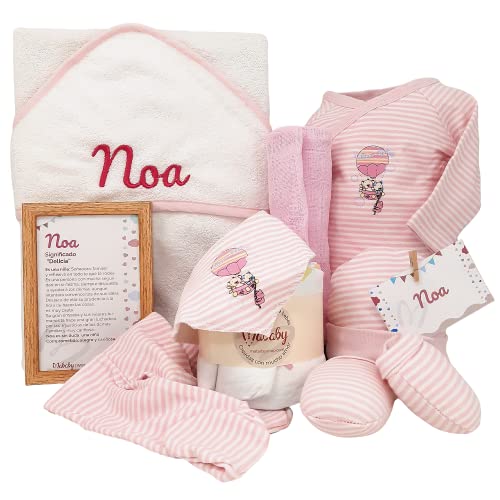 Cesta de Bebé Personalizada - Mi Capa de Mababy - Set de primera puesta para Recién Nacido, Capa de baño para Bebé personalizada y Muselina de lactancia - Regalos para Bebé. (Rosa Talla 0)