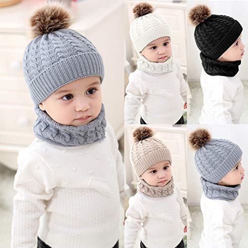 CheChury Conjunto de Bufanda y Gorro de Punto Unisex Niños Niñas Invierno cálido Punto Beanie Gorros con Pompon Bufanda de Punto Cuello Redondo Bebé,Blanco,Talla única