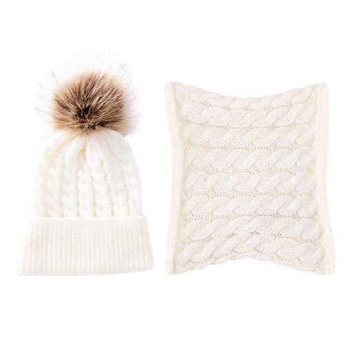 CheChury Conjunto de Bufanda y Gorro de Punto Unisex Niños Niñas Invierno cálido Punto Beanie Gorros con Pompon Bufanda de Punto Cuello Redondo Bebé,Blanco,Talla única