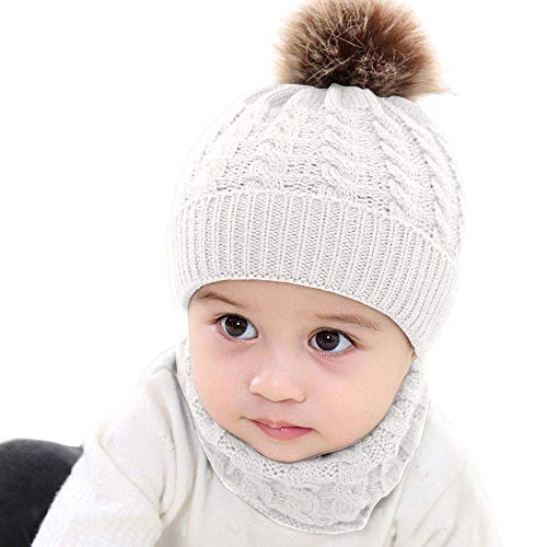 CheChury Conjunto de Bufanda y Gorro de Punto Unisex Niños Niñas Invierno cálido Punto Beanie Gorros con Pompon Bufanda de Punto Cuello Redondo Bebé,Blanco,Talla única