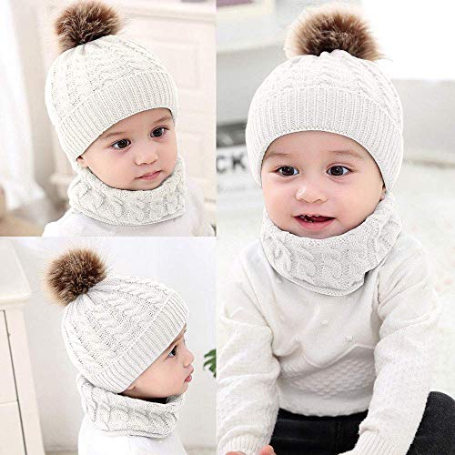 CheChury Conjunto de Bufanda y Gorro de Punto Unisex Niños Niñas Invierno cálido Punto Beanie Gorros con Pompon Bufanda de Punto Cuello Redondo Bebé,Blanco,Talla única