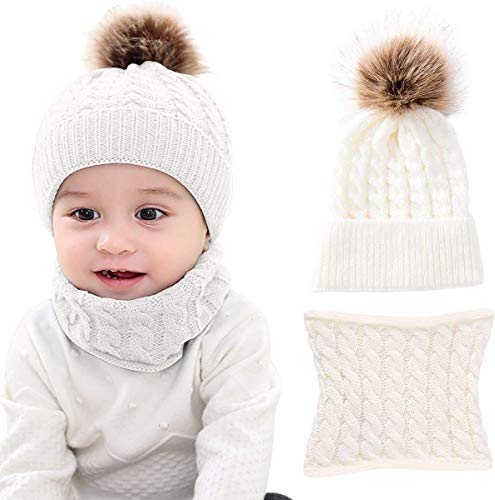 CheChury Conjunto de Bufanda y Gorro de Punto Unisex Niños Niñas Invierno cálido Punto Beanie Gorros con Pompon Bufanda de Punto Cuello Redondo Bebé,Blanco,Talla única