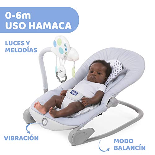 Chicco Balloon Hamaca Bebé Evolutiva de 0 Meses a 18 kg, Balancín Bebé con Función de Silla, Respaldo Reclinable, Cierre Compacto, Vibración, Juguete Electrónico, Luces y Sonidos, Gris (Dots)