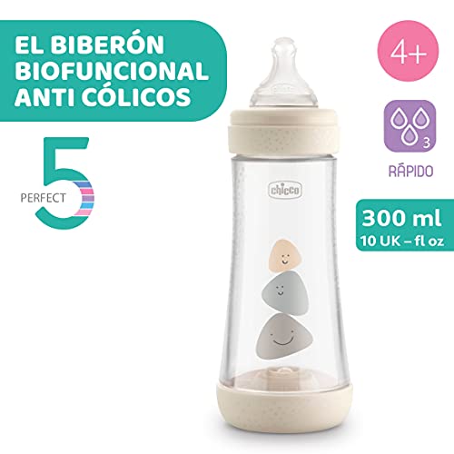 Chicco Perfect 5 Biberones Anticólicos Con Tetina De Silicona De Flujo Rápido Para Bebés 4 Meses, Biofuncional Con Sistema Intuiflow, Color Marrón Beige, 300 ml