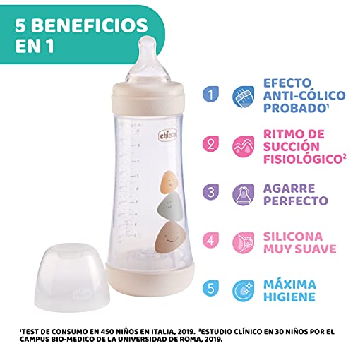 Chicco Perfect 5 Biberones Anticólicos Con Tetina De Silicona De Flujo Rápido Para Bebés 4 Meses, Biofuncional Con Sistema Intuiflow, Color Marrón Beige, 300 ml