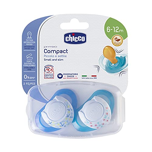 Chicco Physio Compact - Pack de 2 chupetes de látex/caucho para 6 - 16 meses, color azul