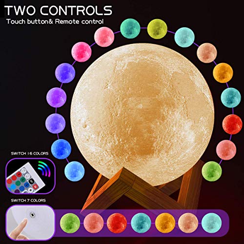 CoMokin Nuevo Lámpara de Luna 3D 16 Color LED Recargable Luz Luna, 15cm Lampara Luna con Soporte de Madera y red Colgante, Control Remoto y Control Táctil para Bebés Amigos