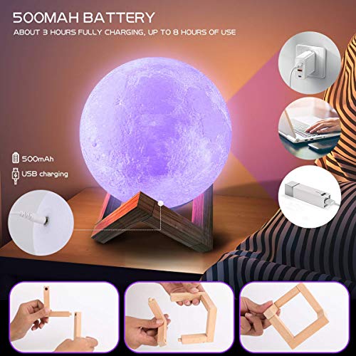 CoMokin Nuevo Lámpara de Luna 3D 16 Color LED Recargable Luz Luna, 15cm Lampara Luna con Soporte de Madera y red Colgante, Control Remoto y Control Táctil para Bebés Amigos