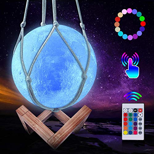 CoMokin Nuevo Lámpara de Luna 3D 16 Color LED Recargable Luz Luna, 15cm Lampara Luna con Soporte de Madera y red Colgante, Control Remoto y Control Táctil para Bebés Amigos