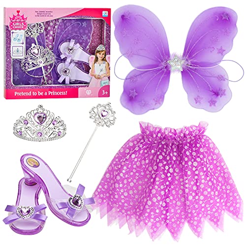 Conjunto de disfraz de princesa para niñas pequeñas con alas y zapatos de tiara varita y tutú para fiesta de vestir de niños (púrpura)