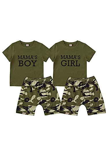 Conjunto de niño/niña de verano camiseta con letras impresas 'Mama 's Girl/Boy 'a manga cuello redondo + pantalones cortos completo camuflaje para camuflaje Verde Boy 2-3 años