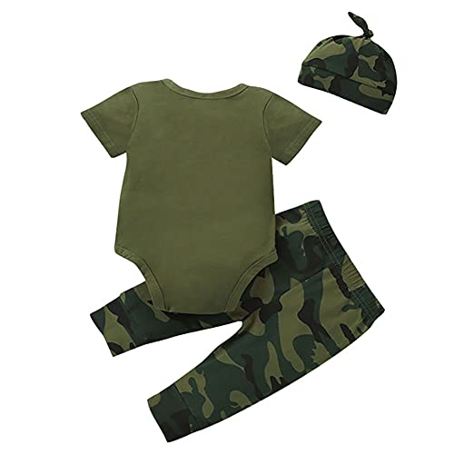 Conjunto de Ropa para Recién Nacido Bebé Traje de Camouflaje de 3 Piezas de Verano para Fotografía Letra Impresa Body de Manga Corta Algodón Pantalón de Camuflaje avec Sombrero Camuflaje 0-3 Meses