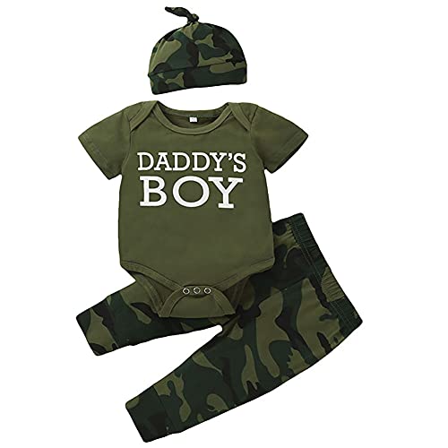 Conjunto de Ropa para Recién Nacido Bebé Traje de Camouflaje de 3 Piezas de Verano para Fotografía Letra Impresa Body de Manga Corta Algodón Pantalón de Camuflaje avec Sombrero Camuflaje 0-3 Meses