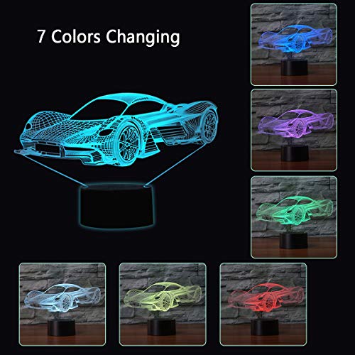 Coolzon Lámpara 3D Ilusión Luz Nocturna LED para Bebe Infantil Niños, Luz de Noche Lampara 3d de Noche 7 Colores Cambio Deco Lámpara de Escritorio Táctil con Cable USB, Coche