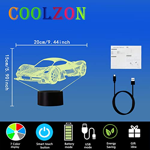 Coolzon Lámpara 3D Ilusión Luz Nocturna LED para Bebe Infantil Niños, Luz de Noche Lampara 3d de Noche 7 Colores Cambio Deco Lámpara de Escritorio Táctil con Cable USB, Coche