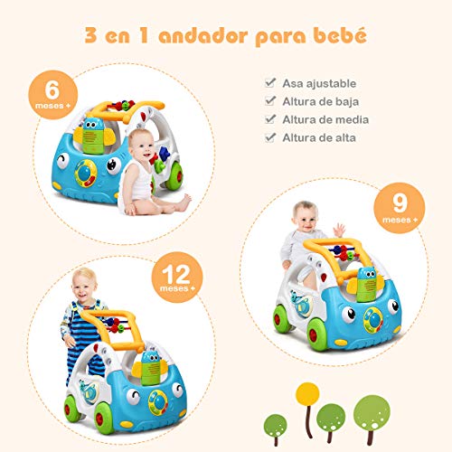 COSTWAY 3 en 1 Andador para Bebé con Música y Luces Altura Ajustable Correpasillos para Niños de 6 a 36 Meses (Azul)