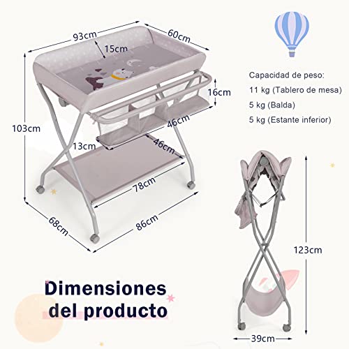 COSTWAY Cambiador para Niños, Cubículo Plegable Cambio Pañal para Niños con Cesta Amplia y Repisa para el Esencial, Organizador Habitación del Bebé con Ruedas Bloqueables y Porta Ropa (gris)