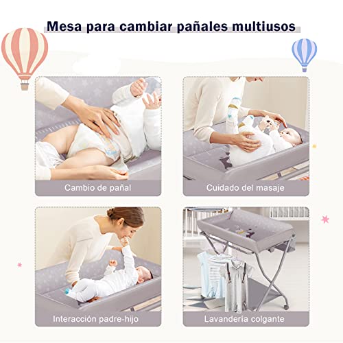 COSTWAY Cambiador para Niños, Cubículo Plegable Cambio Pañal para Niños con Cesta Amplia y Repisa para el Esencial, Organizador Habitación del Bebé con Ruedas Bloqueables y Porta Ropa (gris)