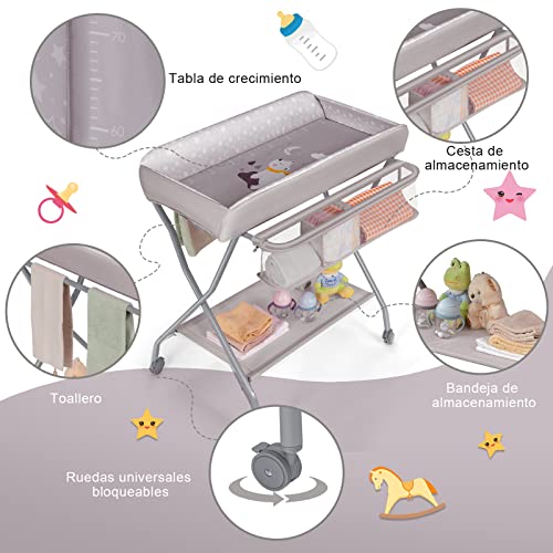 COSTWAY Cambiador para Niños, Cubículo Plegable Cambio Pañal para Niños con Cesta Amplia y Repisa para el Esencial, Organizador Habitación del Bebé con Ruedas Bloqueables y Porta Ropa (gris)