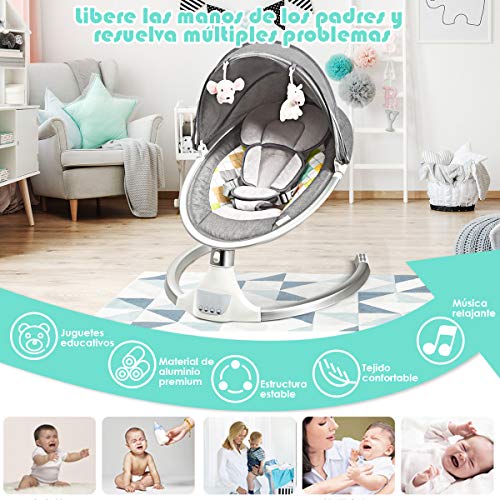 COSTWAY Hamaca para Bebé Silla Mecedora Eléctrica para Niños con 5 Amplitudes/Música/Bluetooth/Cinturón de Seguridad/Techo Removible y Mosquitera (Gris)