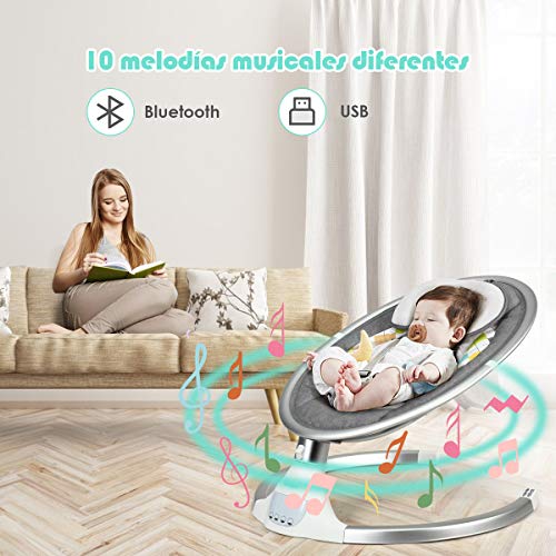 COSTWAY Hamaca para Bebé Silla Mecedora Eléctrica para Niños con 5 Amplitudes/Música/Bluetooth/Cinturón de Seguridad/Techo Removible y Mosquitera (Gris)