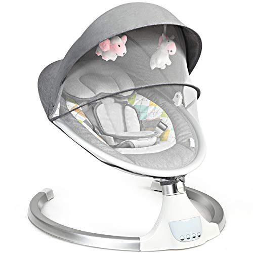 COSTWAY Hamaca para Bebé Silla Mecedora Eléctrica para Niños con 5 Amplitudes/Música/Bluetooth/Cinturón de Seguridad/Techo Removible y Mosquitera (Gris)