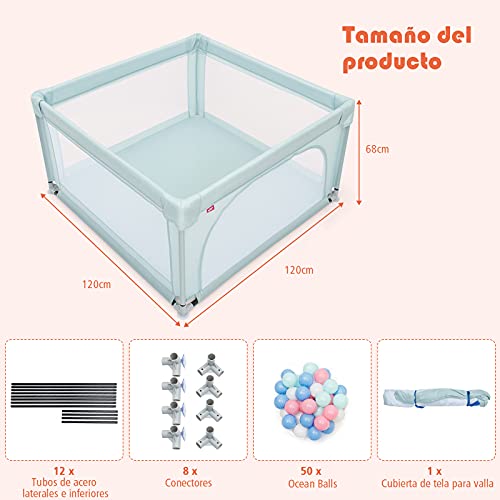 COSTWAY Parque para Niños, Centro Actividad Portátil con Cercas de Seguridad, Valla Resistente y Segura con Ventosas Antideslizantes y Paredes de Red Transpirable, 50 Pelotas (azul)