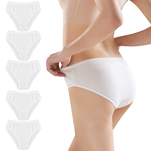 Daelesr 5 Piezas Ropa Interior Desechable para Mujer, Blanco Algodón Solo Uso Bragas Slips, Calzoncillos de Maternidad, Braguitas Desechables Postparto para Hospitales Menstruación Viajes SPA (XXL)