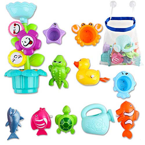 deAO Conjunto Juguetes para Hora del Baño Infantil Flor de Agua con Molinos, Pato, Cocodrilo, Tiburón, Tortuga, Peces, Regadera y Más Accesorios Incluye Bolsa de Almacenaje