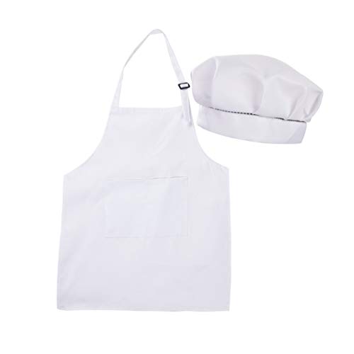 Delantal y gorro de chef para niños, color sólido, sin mangas, ajustable, delantal de cocina y chef con bolsillos para cocinar pintura (blanco, 7-13 años)