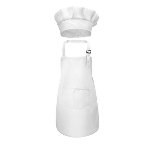 Delantal y gorro de chef para niños, color sólido, sin mangas, ajustable, delantal de cocina y chef con bolsillos para cocinar pintura (blanco, 7-13 años)