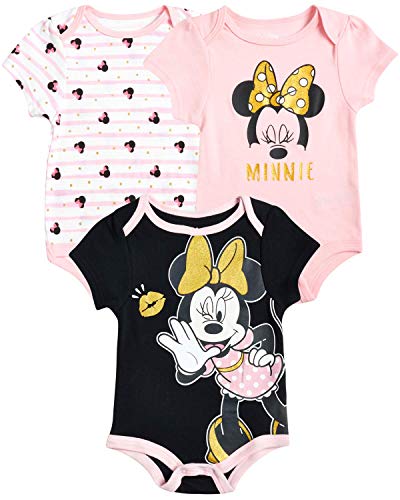 Disney Baby Girls 3 Piece Short Sleeve Bodysuits – Minnie, Ariel, Nemo, Pooh (Newborn/Infant), Size 6-9 Months, Minnie Black/Pink