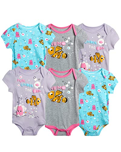 Disney Baby Girls 6 Piece Short Sleeve Bodysuits – Minnie, Ariel, Pooh (Newborn/Infant), Size 0-3 Months, Nemo