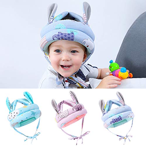 Djvn - Gorra de 1 pieza de algodón Toddler Infant Baby No Bump casco de seguridad, gorro, diseño de animal, gorro, gorro de 53 x 40 cm, 6 meses 5 años, color azul, rosa, morado y gris + azul opcional