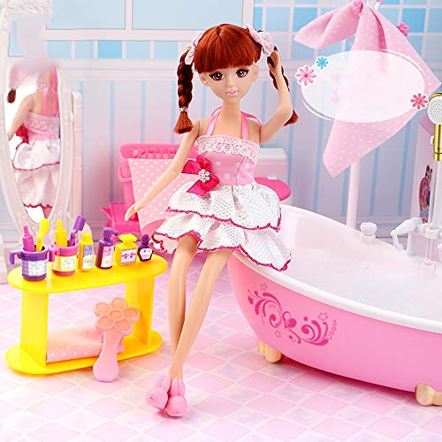 Doll Bathroom Set Children Girl Play House Bath Doll Toy Birthday Gift Rich Accessories Bathtub Automatic Water Outlet Portable Gift Box