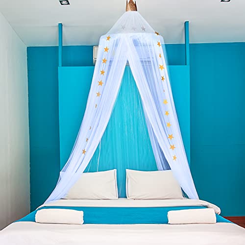 Dosel de Cama para Niños Bebés, Dosel de Princesa de Corona Tienda de Red Mosquito de Estrellas de Cúpula Redonda Toldo de Cuna de Castillo de Dormitorio (Azul Cielo, Hilo de 10 Capas)